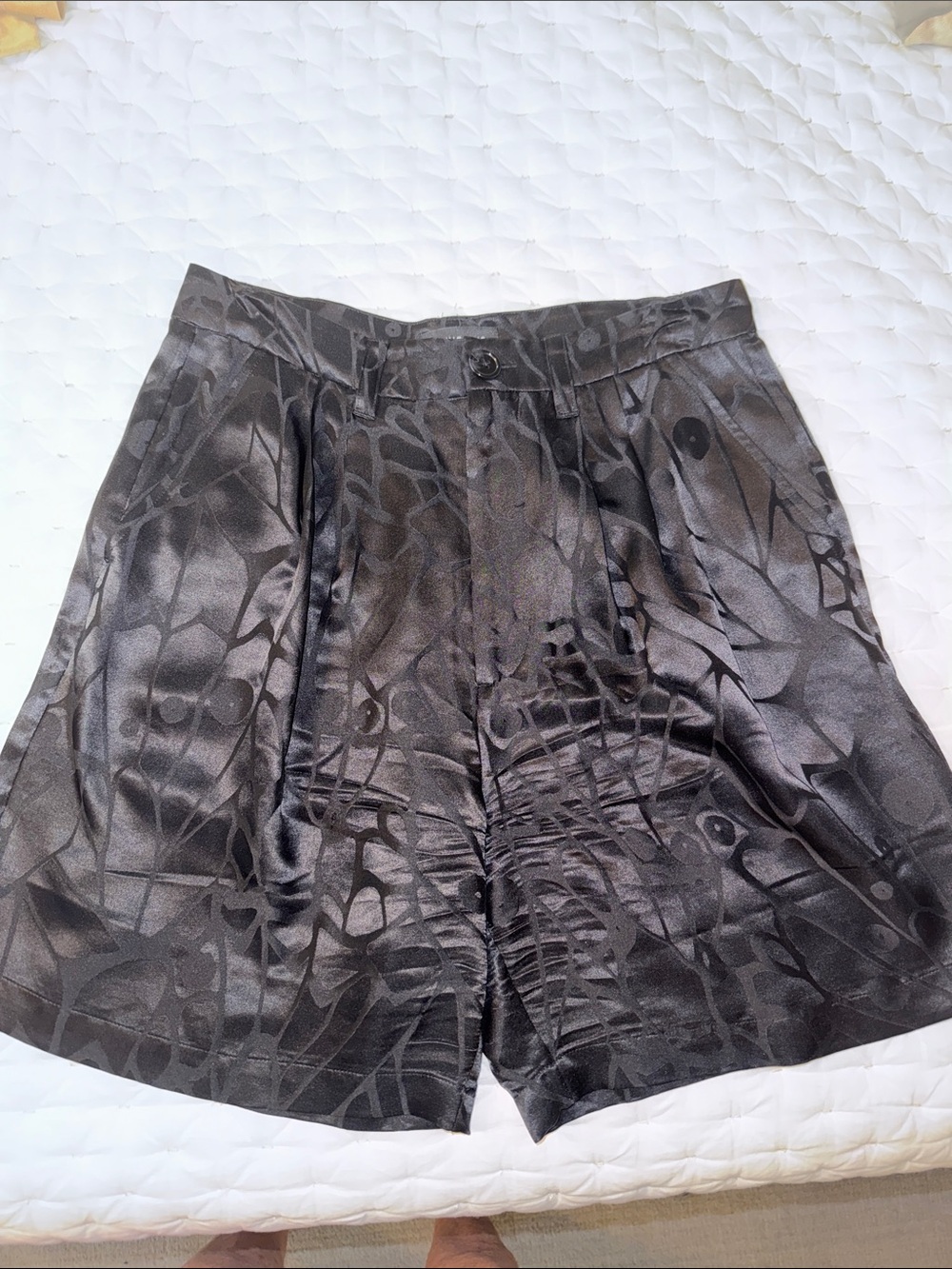 Anine Bing Black Silk Satin Patterned Flat Front Shorts bought new never worn.